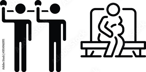 Transit icon set, passengers standing with handrails and seated, bus and train vector graphics