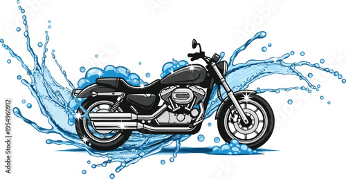 Black Classic Cruiser Motorcycle Illustration with Dynamic Blue Water Splashes and Soap Bubbles for Professional Bike Wash and Detailing Services