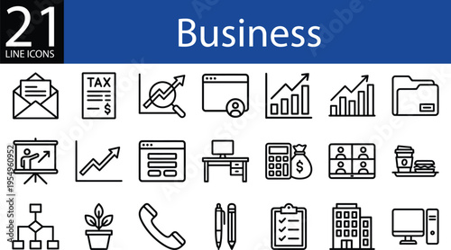 Corporate business collection in linear stroke format, finance, management, productivity, communication, and commerce