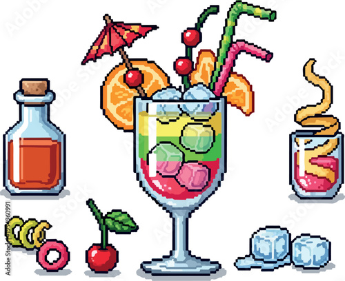 A delightful pixel art collection of colorful cocktails and refreshing drinks, perfect for summer