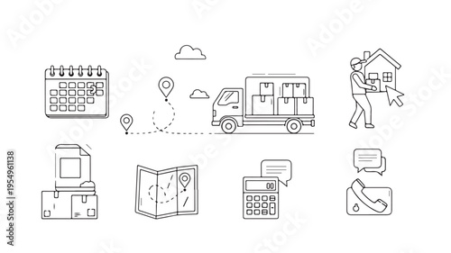 Delivery and logistics vector graphic illustration with various icons