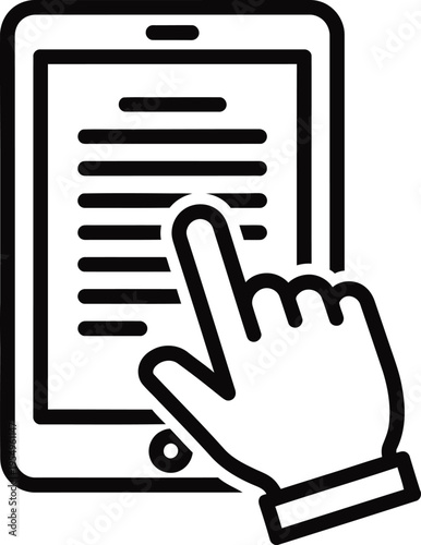 A hand interacting with a tablet displaying lines of text on screen