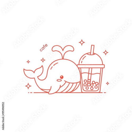 Cute Whale with Boba Tea Kawaii Art Illustration
