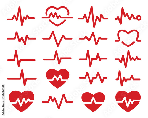 Heartbeat and ecg line icons in red with heart symbols, health care graphics for medical posters, fitness tracking, valentines projects