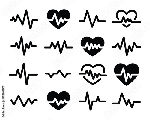 Black heart and heartbeat icon collection with pulse lines and arrhythmia shapes for medical education, emergency training, health app