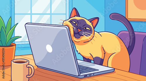 Playful Siamese Cat Comically Rubs and Bites a Laptop Screen, Creating a Humorous Scene of Pet Interference with Digital Work at Home