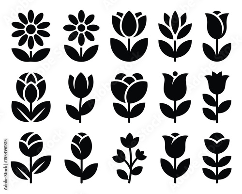Garden bloom symbols set, black floral icons for branding, wedding stationery, spring fair signage, drawing practice session, botanical education vector