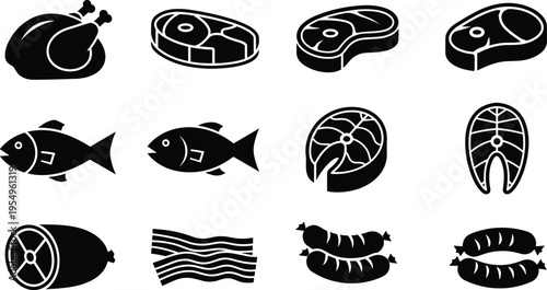 Black meat and seafood icons set featuring chicken steak fish salmon fillet bacon and sausage silhouettes isolated on white background.Black meat and seafood 