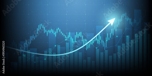 moving up arrow financial chart with stock market graph on blue color background