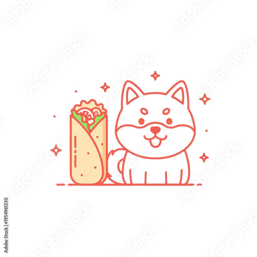 Cute Shiba Inu Dog with Burrito and Stars - Kawaii Food Illustration