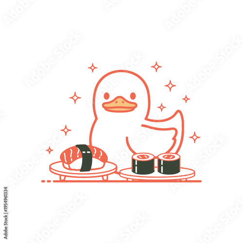 Cute duck with sushi and maki rolls, kawaii food illustration, funny cartoon character