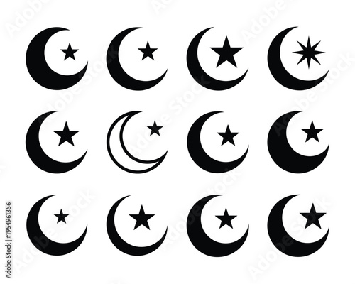 Lunar symbol pack, crescent phases with small stars, astronomy club poster, night sky watch session, cultural celebration branding vector