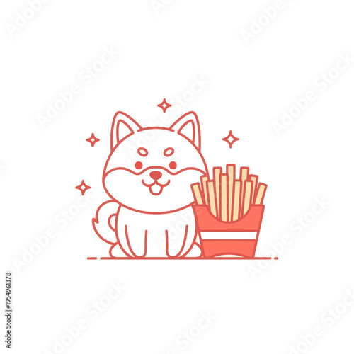 Cute Shiba Inu Dog with French Fries, Kawaii Cartoon Style