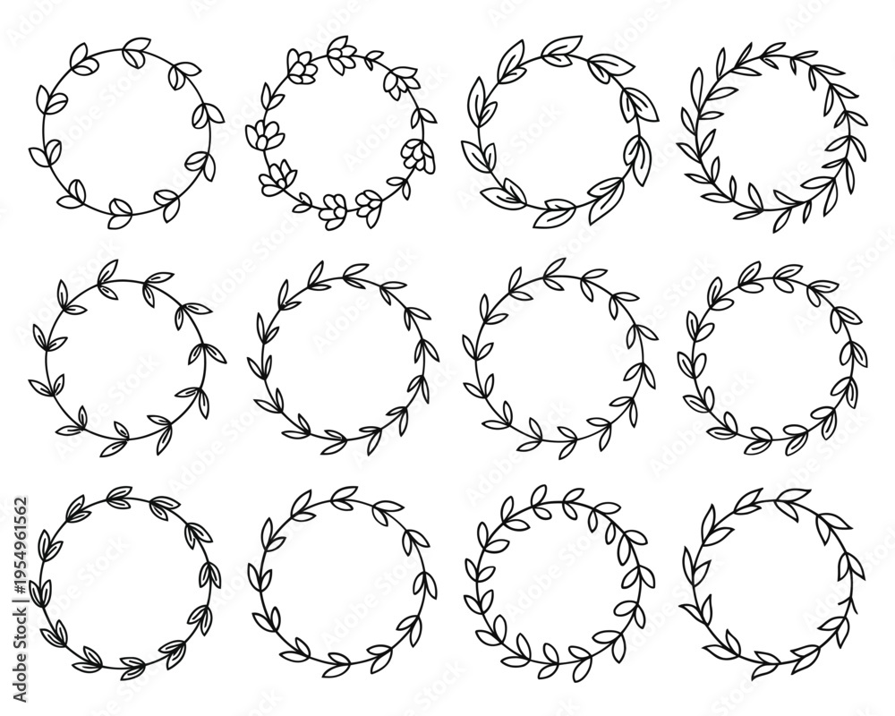 Fototapeta premium Elegant leaf wreath frames, holiday greeting card border, winter wedding invitation, new year label, minimal circle garland set, vector illustration