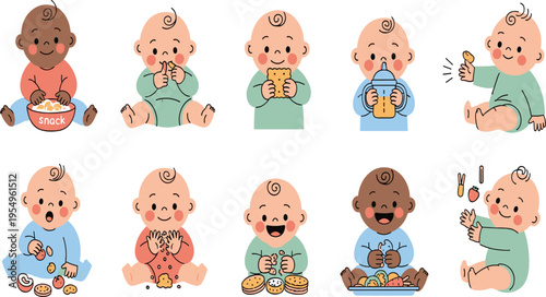 Cute Baby Eating Snacks Vector Set with Cookies Crackers and Finger Foods Showing Happy Infant Feeding Moments for Nutrition Illustration and Childcare Design.
