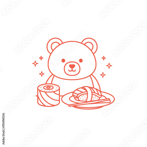 Cute Bear Character Enjoying Sushi Meal, Kawaii Food Illustration