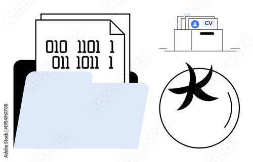 Data management concept. Digitized file folders with binary code highlight data handling. Data-driven organization systems, analytics tools, and secure file storage for tech, business, and database