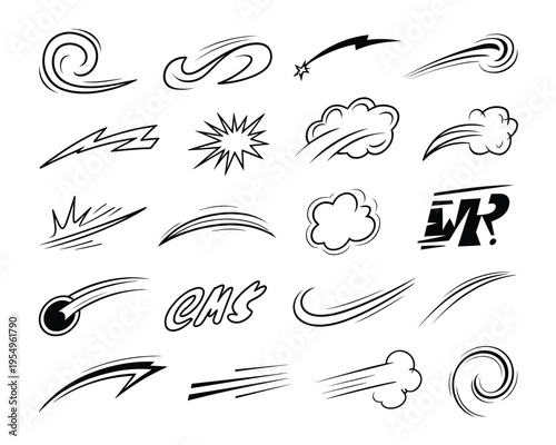 Curved spiral lines, wind swirl accents, cartoon motion marks, smoke wave shapes, anime effect toolkit, dynamic sketch vector set