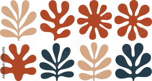 A collection of stylized plant shapes in earthy tones arranged on a clean white background