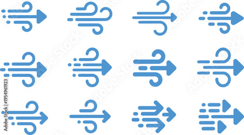 A collection of twelve blue arrow icons showing varying styles of wind and air movement