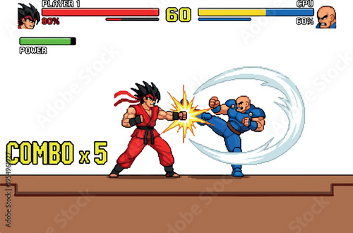 Retro fighting game scene with two characters in combat, one delivering a powerful kick with a motion trail effect