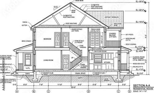 Residential house architectural cross section A-A showing bedroom living room kitchen staircase crawl space and structural floor plans