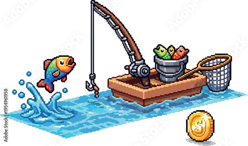 Pixel art illustration of a fishing boat with a bucket of fish and a coin, depicting a serene aquatic hobby