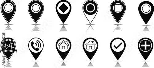 Location pin icon silhouette illustration set, map navigation symbol artwork, geolocation vector design concept