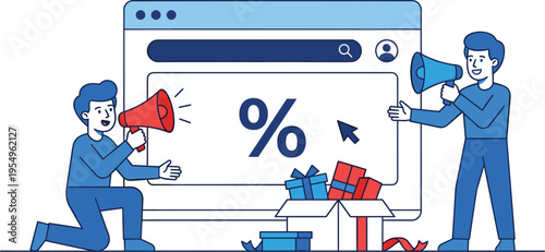 Two men with megaphones promoting online discount sales and gifts with percentage sign on web browser interface