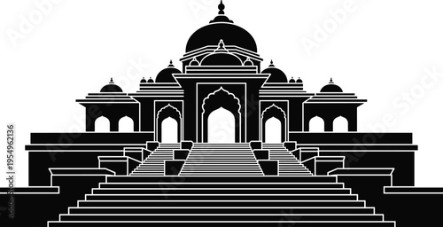Indian palace temple silhouette illustration set, Mughal Rajasthani architecture artwork, historic cultural vector design concept
