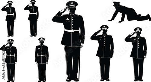 Military silhouette collection, soldier outline figure, salute motif illustration, uniform icon art, discipline design graphic, armed forces symbol image