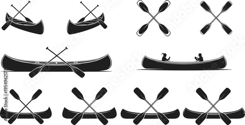 Canoe and Paddle Silhouette Vector Set for Outdoor Adventure Logo Design Boat Rowing Icons Isolated on White Background for Camping