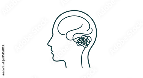Minimalist Line Art of a Human Head with Tangled Brain Thoughts.