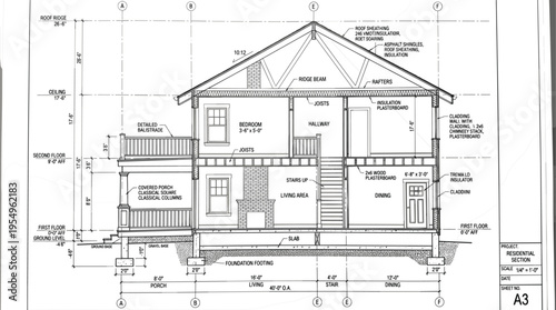 Residential house architectural cross section blueprint showing bedroom living area foundation staircase and technical structural details
