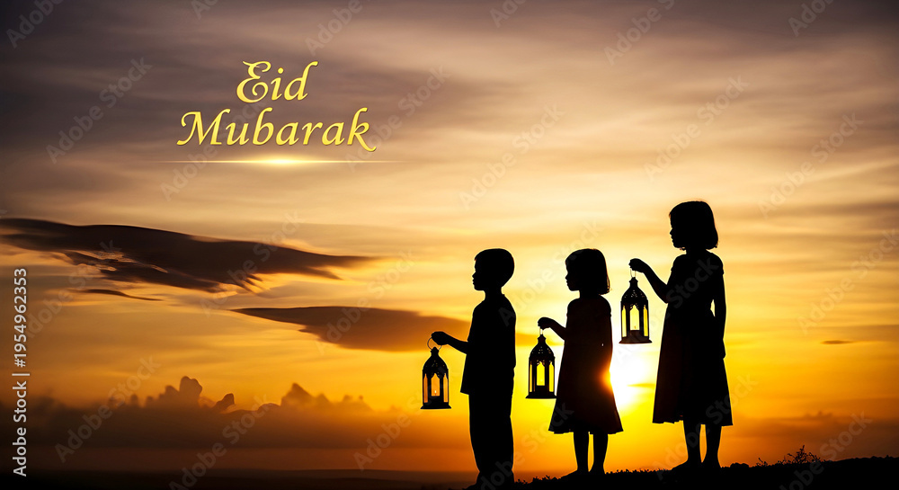 Fototapeta premium Eid Mubarak Festival Kids Lantern Sunset Silhouette
