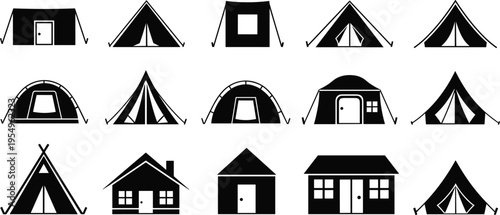 Collection of Camping Tent and Small Cabin Icons Featuring Various Shelter Styles for Outdoor Adventure Tourism and Recreational Facility Signage