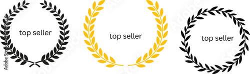 Top seller laurel wreath, black vector emblem, flat design, isolated illustration