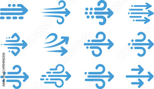 A collection of twelve blue wind and speed arrow icons representing movement and air flow
