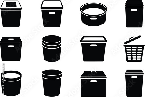 A collection of twelve diverse black silhouette icons illustrating various trash cans and laundry bins