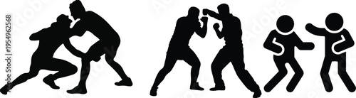 Two wrestlers fighting, grappling pose, vector illustration, isolated on white background