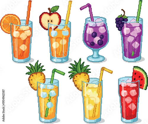 A vibrant collection of pixel art beverages, showcasing refreshing fruit juices and colorful cocktails garnished with fresh fruit slices and ice cubes