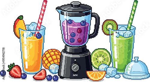 A refreshing collection of fruit smoothies, juice, and a blender, perfect for healthy eating and lifestyle content