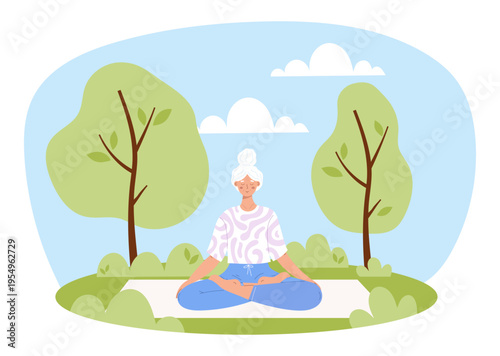 Senior woman practicing yoga outdoors. Elderly female in Lotus pose or Padmasana sitting on a mat in a park. Morning exercise, meditation and healthy aging.