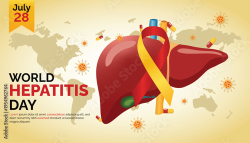 World Hepatitis Day Illustration with Liver, Ribbon, and Global Symbols