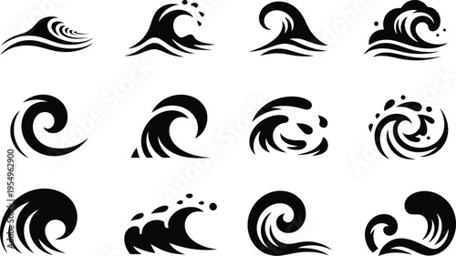 A compilation of diverse black ocean wave silhouettes representing water movement and surf
