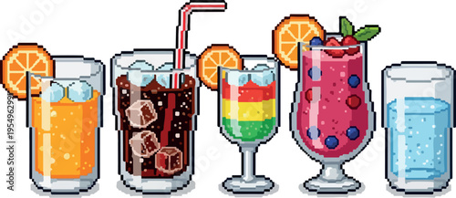 Pixel art collection of colorful refreshing beverages with fruit garnishes perfect for summer or any time you need a cool drink