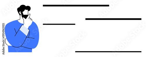 Problem-solving, critical thinking, brainstorming, decision-making, planning, innovation. A man thinking with empty horizontal text lines. Critical thinking and brainstorming concept