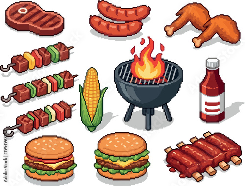 Pixel art collection of barbecue food and grilling equipment, perfect for summer cookouts and culinary themes