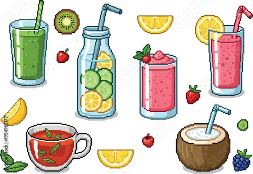 A vibrant collection of refreshing pixel art beverages including smoothies, infused water, tea, and coconut water, perfect for summer or health-themed designs