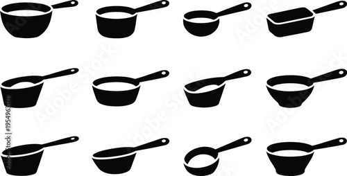 A detailed collection of black silhouette icons representing various kitchen measuring cups and scoops